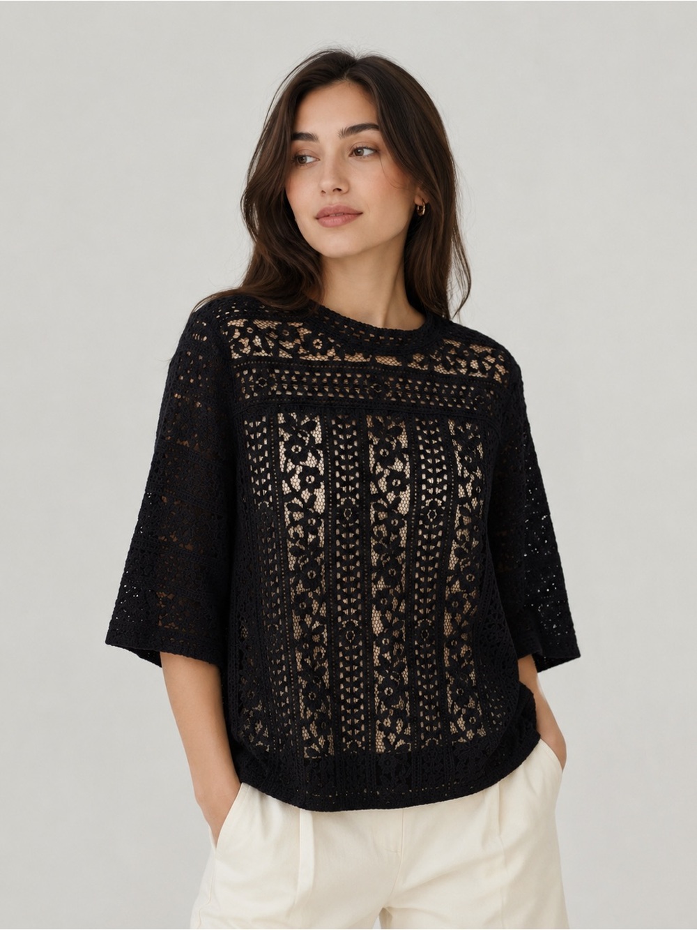 Loft Black Crochet Lace Top - Picture 1 of 4